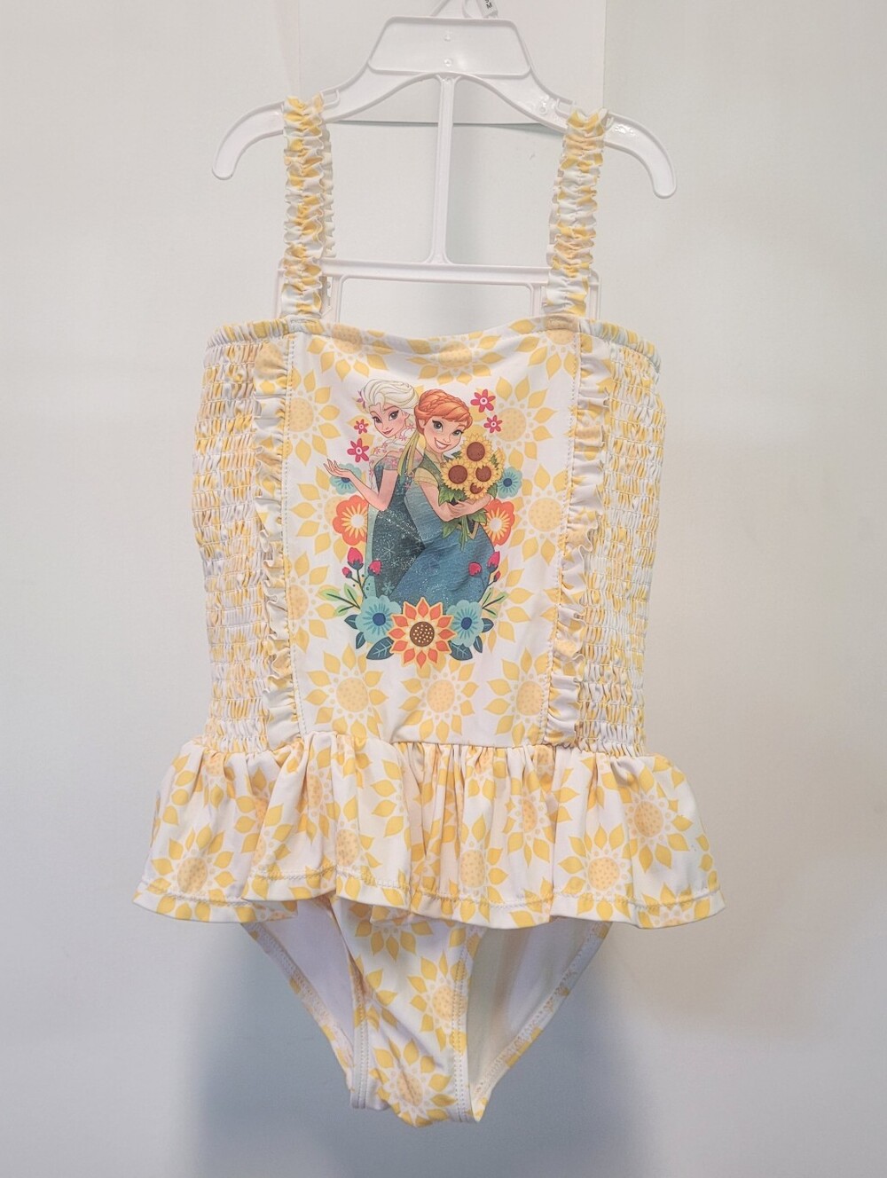 Disney Store Girls Sz 7-8 one piece Yellow Swimsuit Frozen Fever Anna Elsa Swim